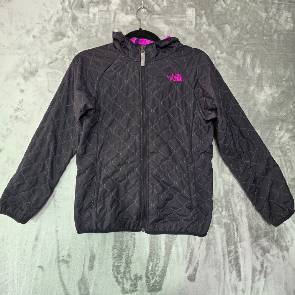 The North Face Girls Large 14/16 Black Purple Quilted Fleece Lined Hooded Jacket